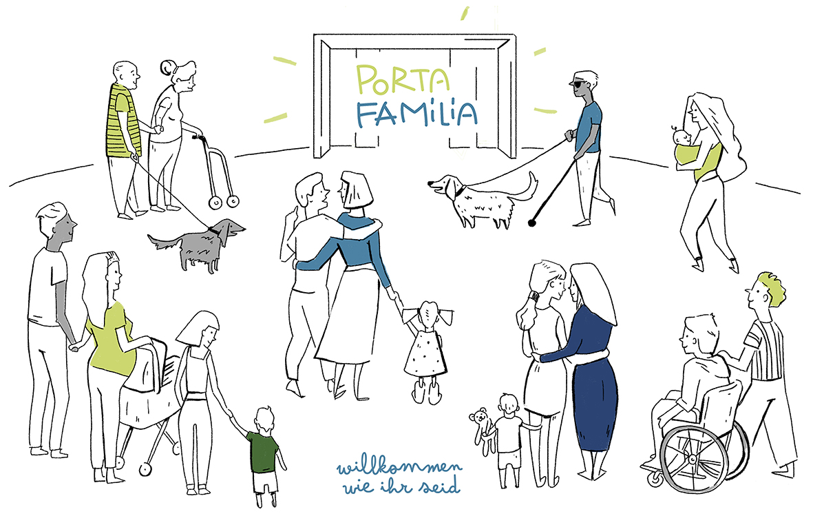 Willkommen bei Porta Familia. Das Bild zeigt verschiedene Familiengruppen, die zum Porta Familia Eingang gehen.